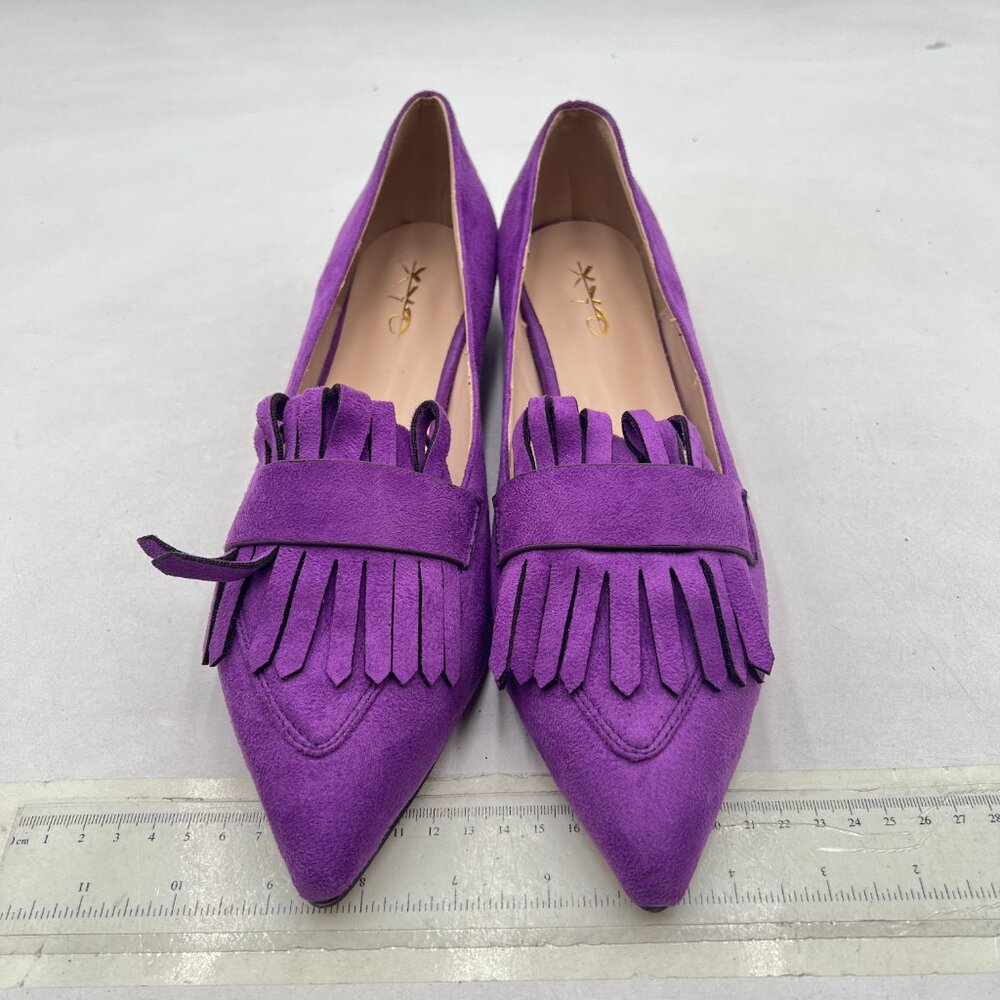XYD Purple Vintage Fringe Dress Pointy Toe Slip Ons Loafers Chunky Low Heel Shoe - Picture 3 of 8